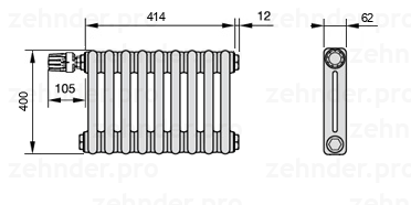 Схема (чертеж) Радиатор Zehnder Charleston 2040/9 №V012 Белый глянцевый RAL 9016